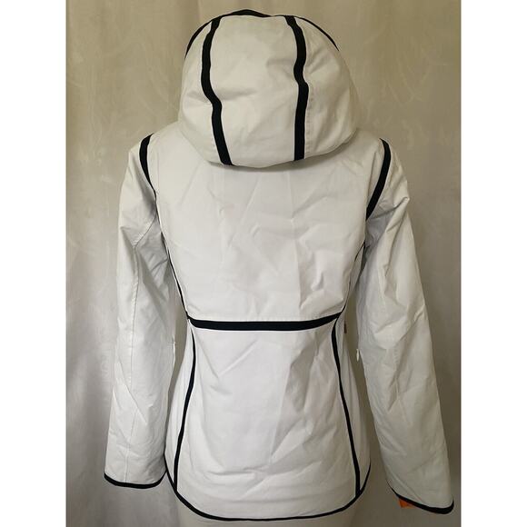 Descente Women's Ski Jacket Puffer White Black Stripe Hood Motion 3D Heat Navi S - Picture 9 of 13